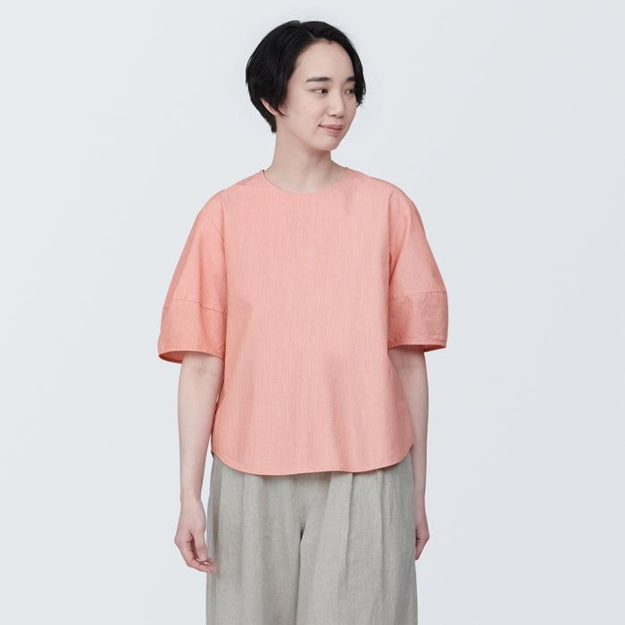 Muji Cool Touch Broadcloth Short Sleeve Striped Bluse Dame Lyserød | OO6K0C28C