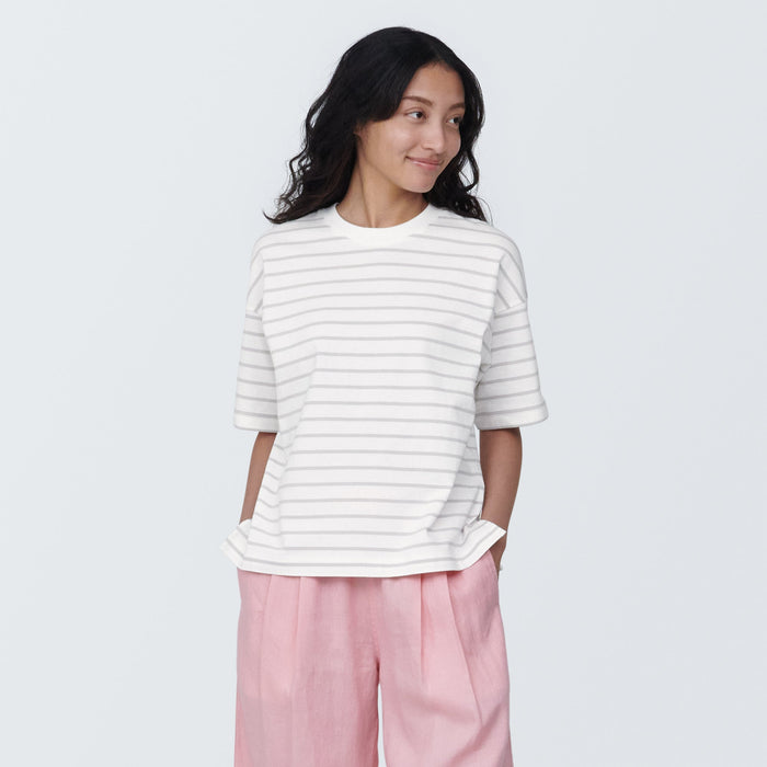 Muji Crew Neck Short Sleeve Striped T Shirts Dame Hvide | GV3X1X09J