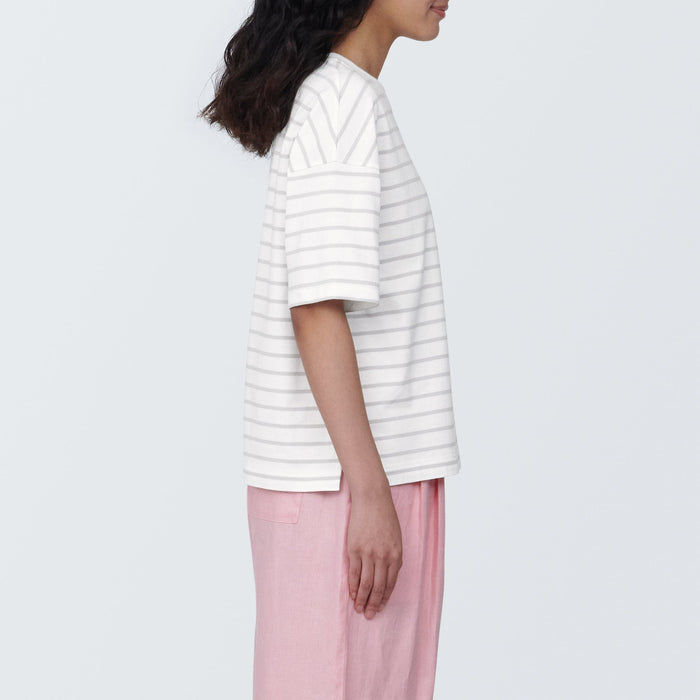 Muji Crew Neck Short Sleeve Striped T Shirts Dame Hvide | GV3X1X09J