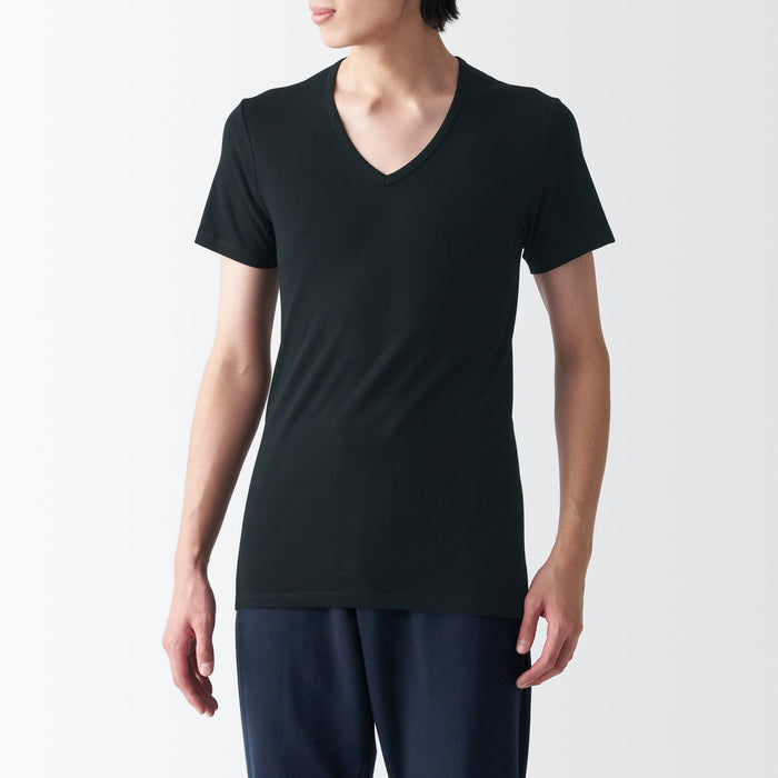 Muji Side Seamless Ribbed V Neck Short Sleeve T Shirts Herre Sort | XA8F1J99P