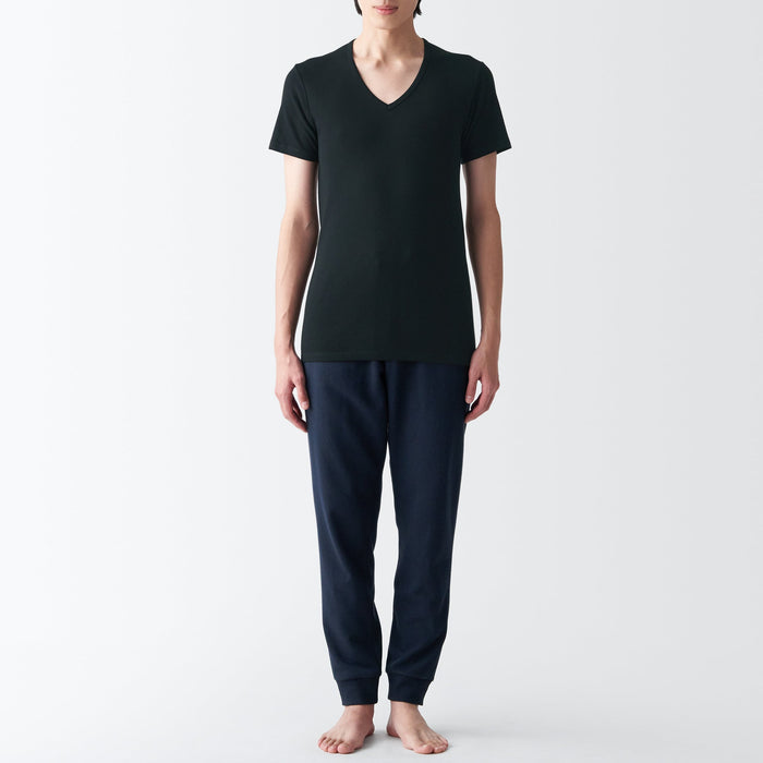 Muji Side Seamless Ribbed V Neck Short Sleeve T Shirts Herre Sort | XA8F1J99P