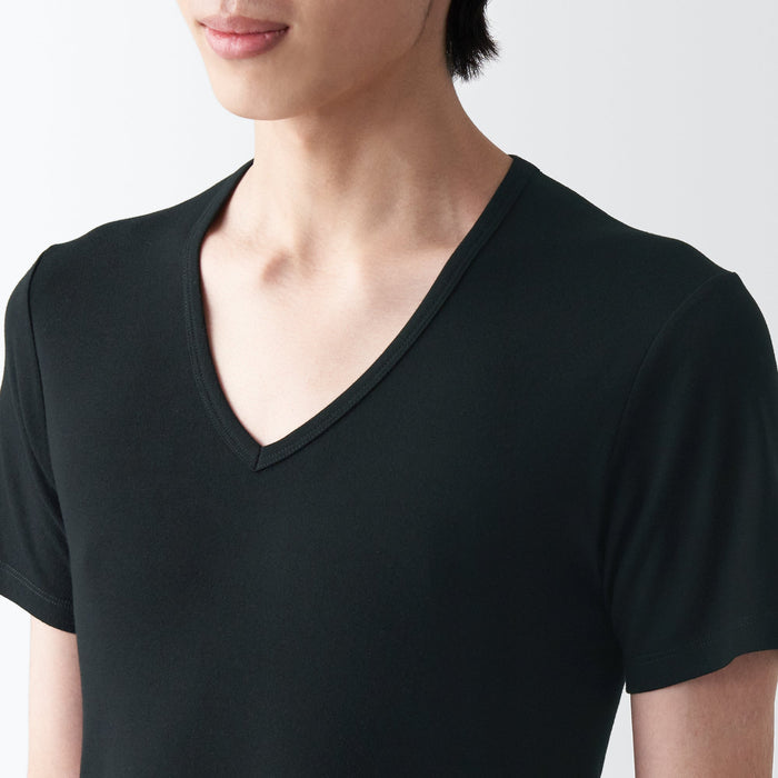 Muji Side Seamless Ribbed V Neck Short Sleeve T Shirts Herre Sort | XA8F1J99P